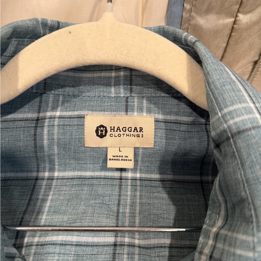 Haggar Teal Plaid Casual Button Down Shirt - Picture 2 of 8